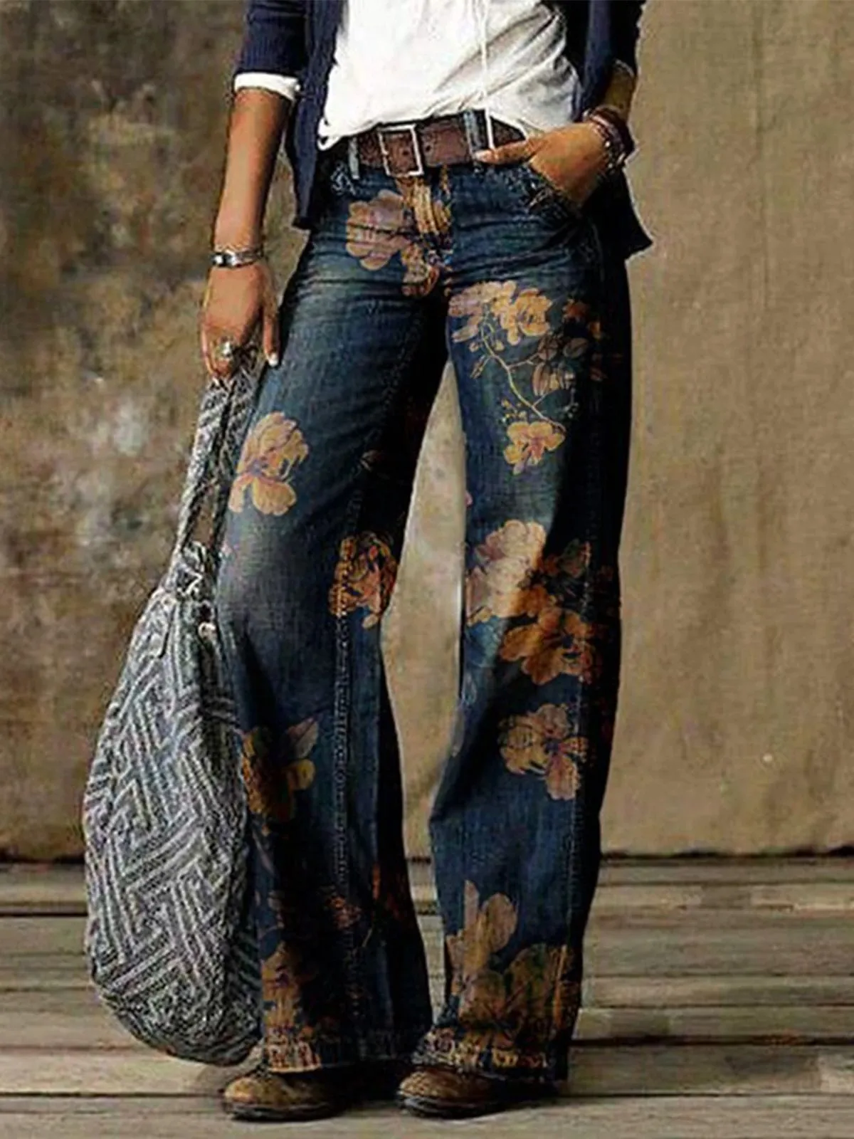 Ladies Demin Floral Printed Straight Leg Pants