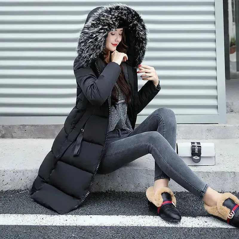 Long Zip up Faux fur Collar Hooded Winter Puffer coat women