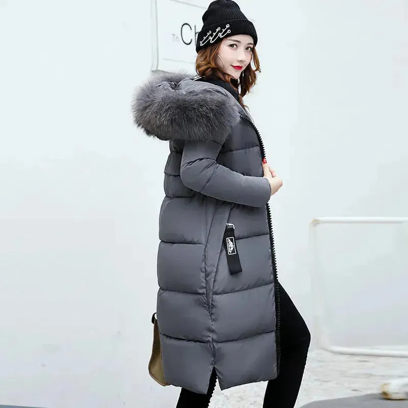 Long Zip up Faux fur Collar Hooded Winter Puffer coat women