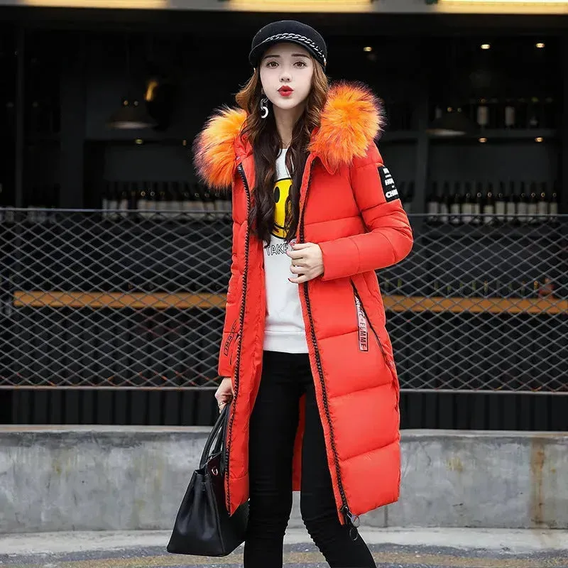 Long Zip up Faux fur Collar Hooded Winter Puffer coat women