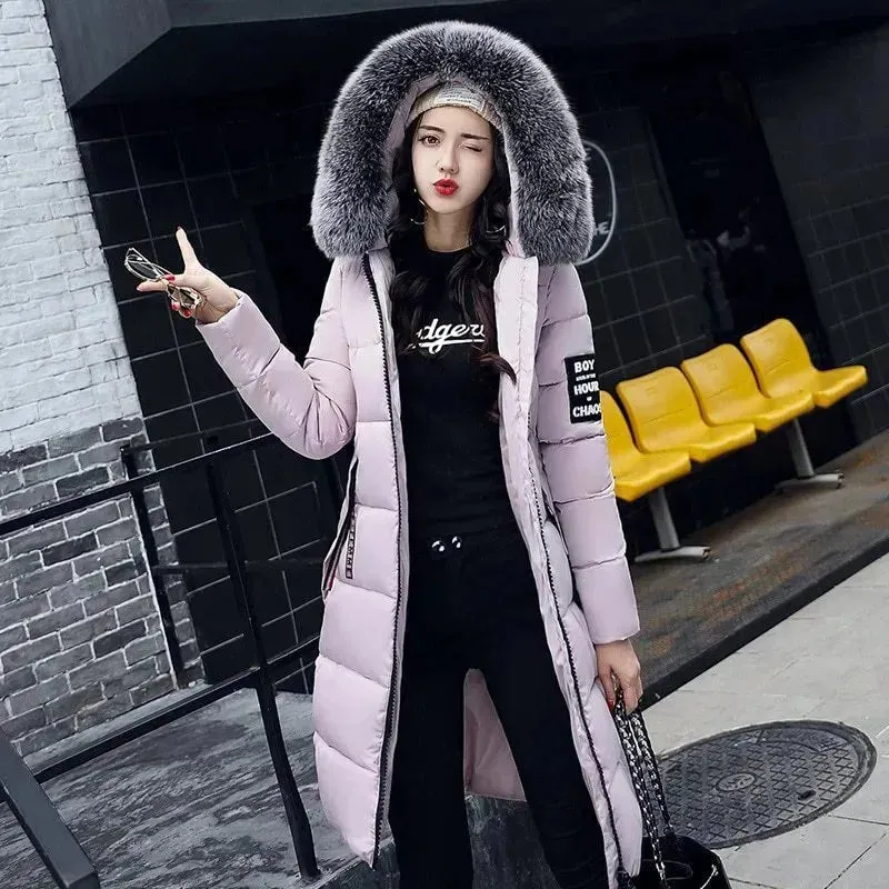 Long Zip up Faux fur Collar Hooded Winter Puffer coat women