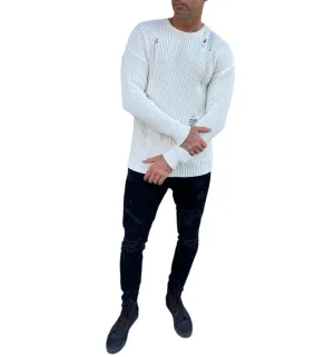 [Marvin] White Distressed Light  Weight Knitted Crew Neck