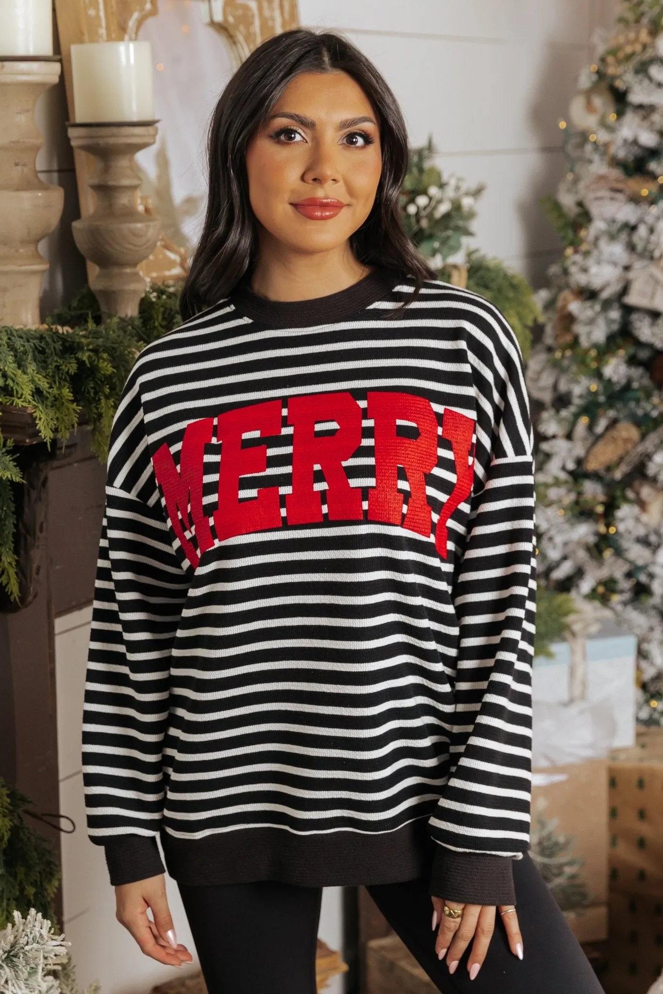 Merry Black Striped Graphic Sweatshirt