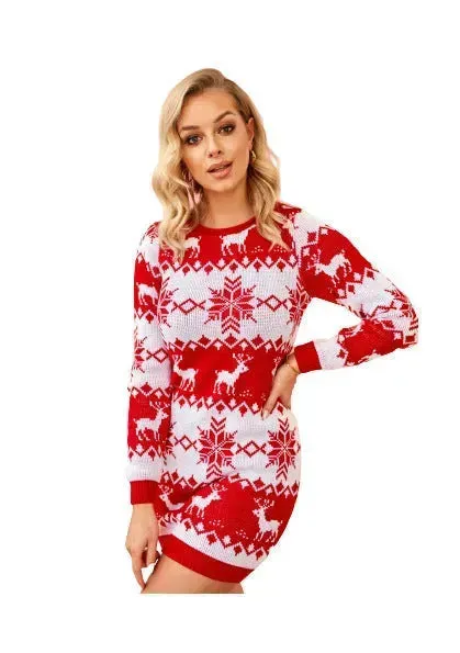 Mini Jumper dress Winter Christmas Sweater Dress Deer Jacquard dress