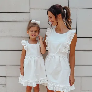 Mom and Daughter White Matching Shirred Ruffle Trim Dress