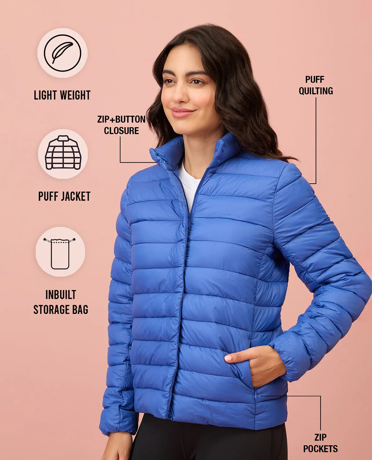 NYKD By Nykaa Ultra Light Weight Puffer Jacket with Inbuilt Bag (Set of 2)-NYAT405-Blue