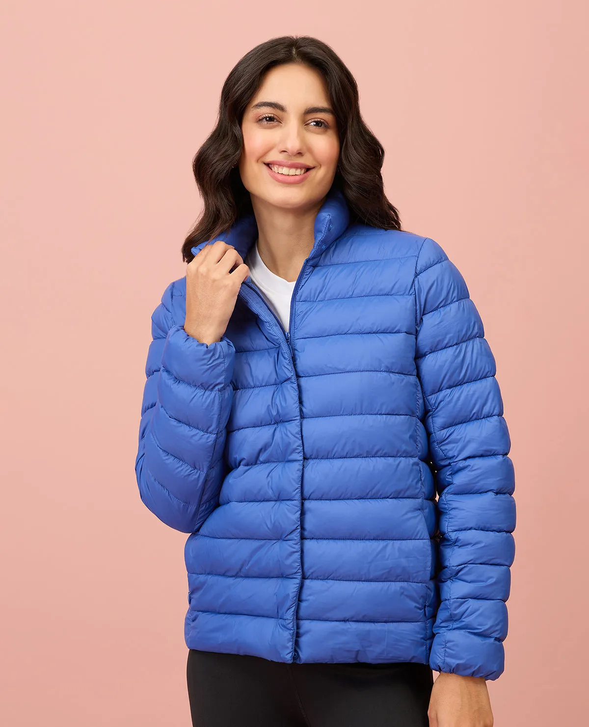 NYKD By Nykaa Ultra Light Weight Puffer Jacket with Inbuilt Bag (Set of 2)-NYAT405-Blue