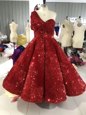 One shoulder red blue sliver green gold ivory sequins tea length ball gown prom dresses 2019