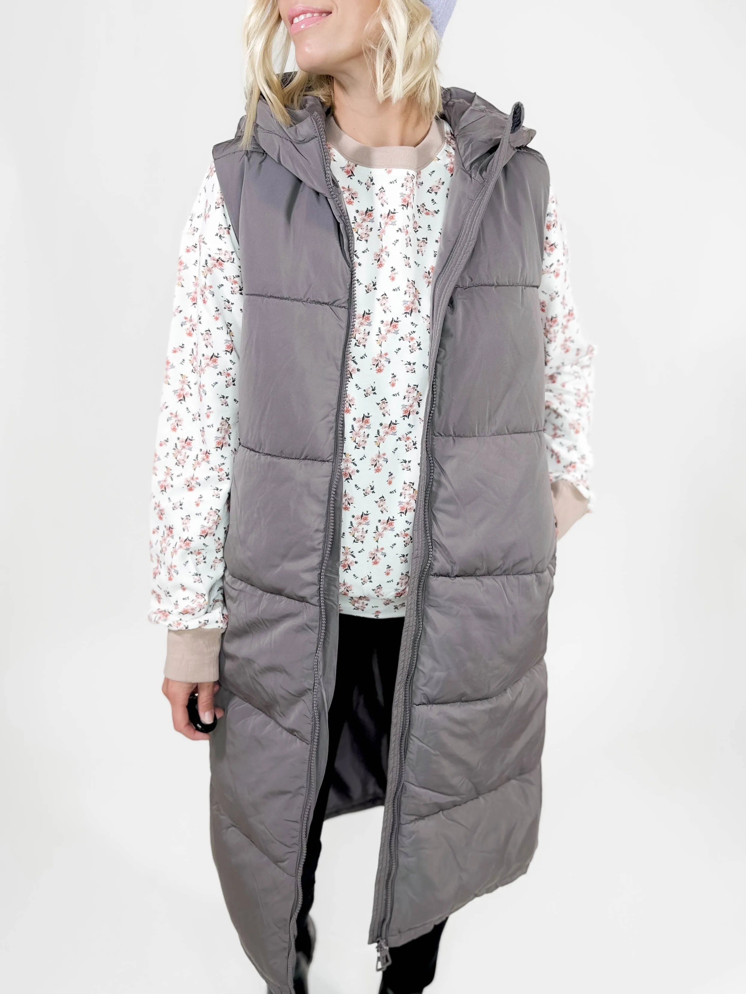 ONLY Jackson Long Puffer Vest- SILVER MINX