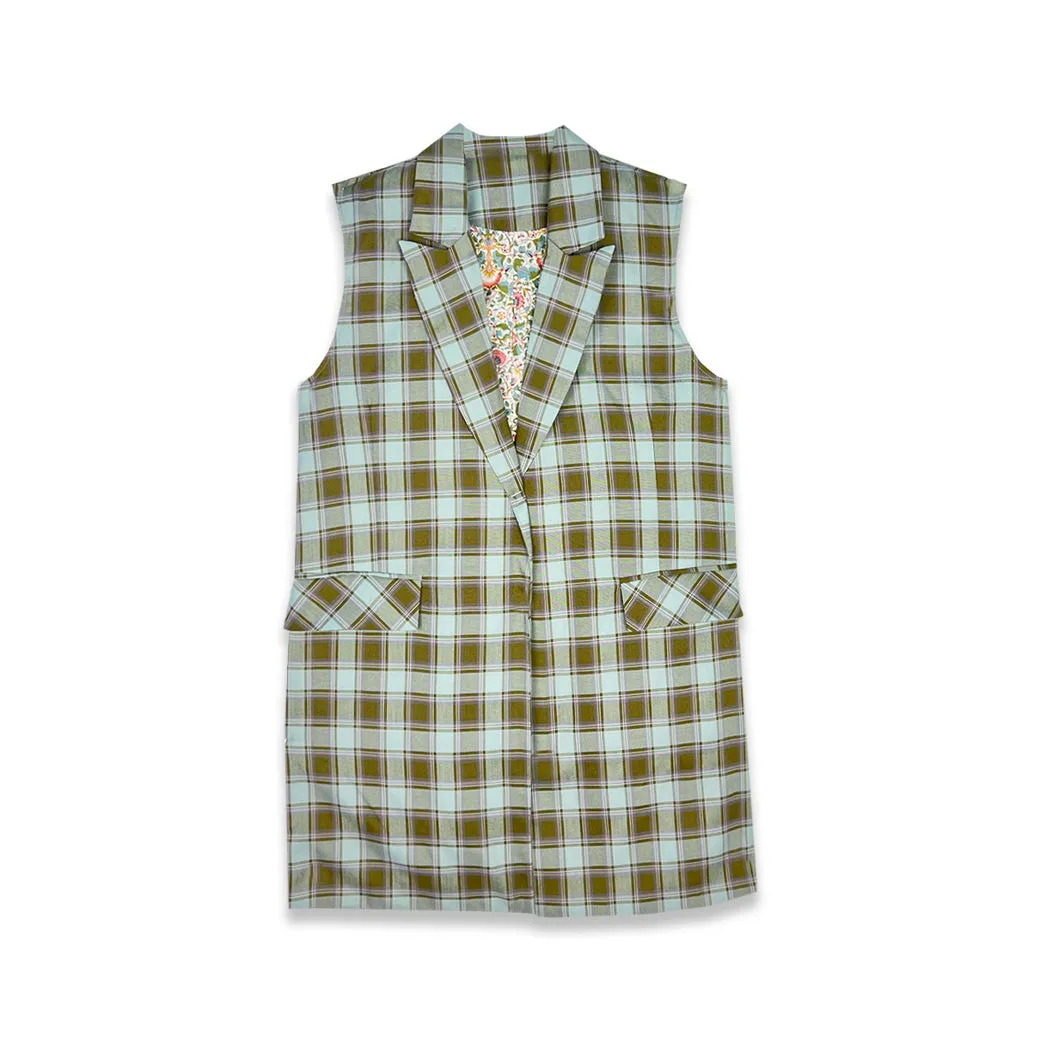 Open Front Vest - Sage Plaid