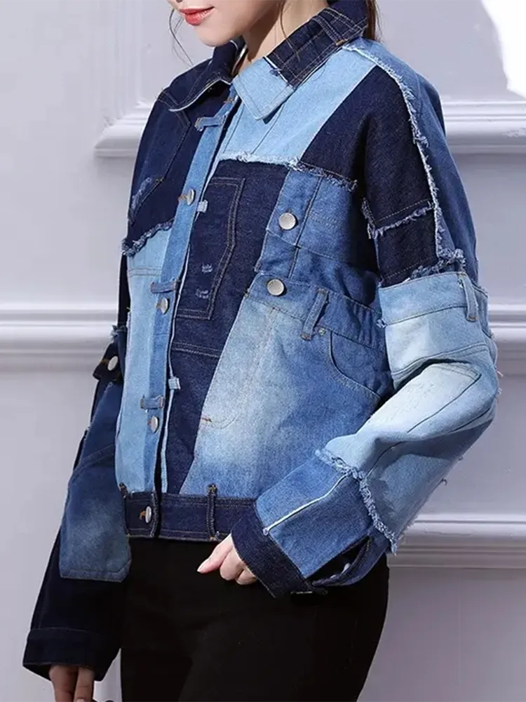 Patchwork Single Breasted Coats For Women Lapel Long Sleeve Hit Color Spliced Pockets Denim Coat Female Fashion