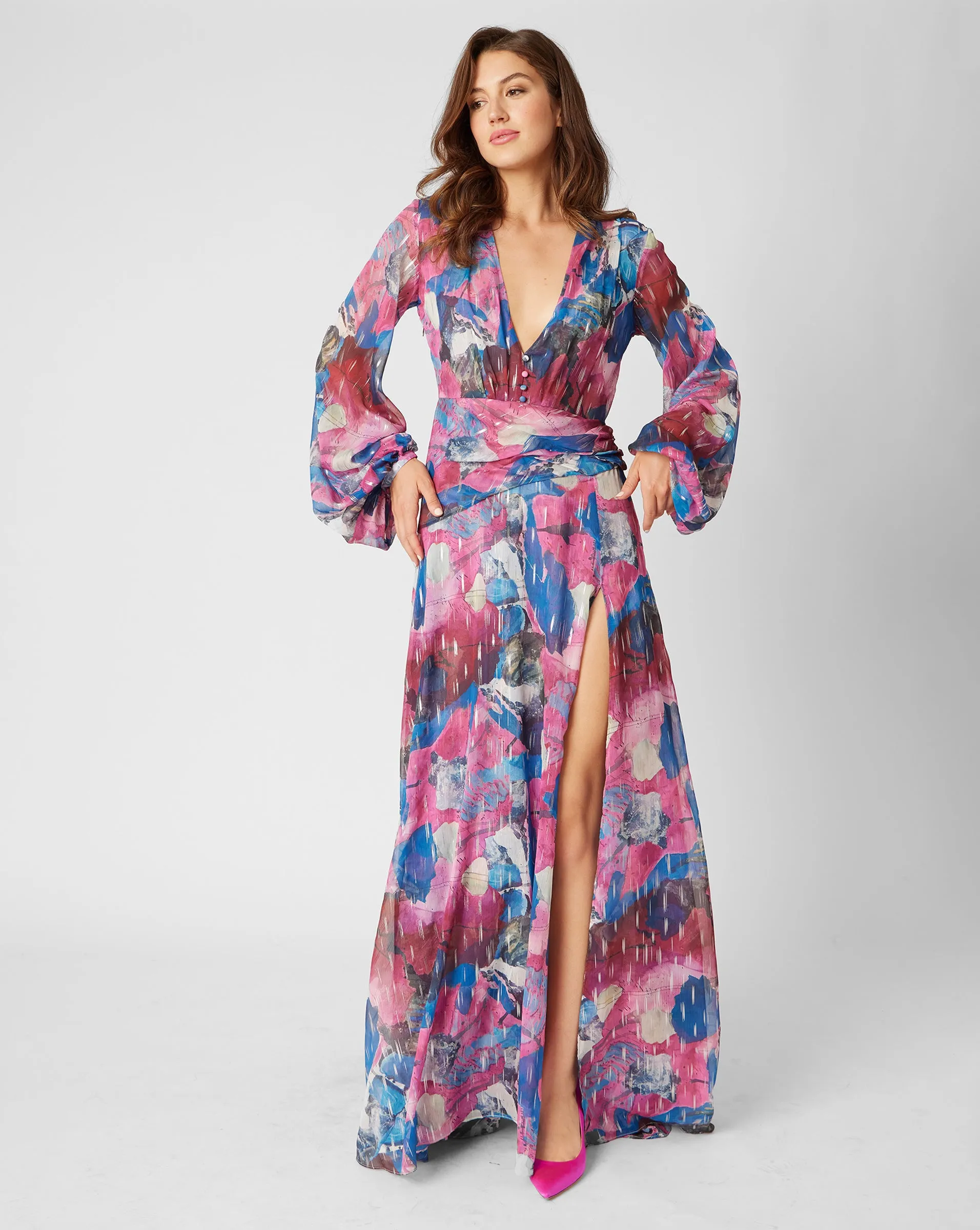 Printed Long Sleeve V-Neck Gown