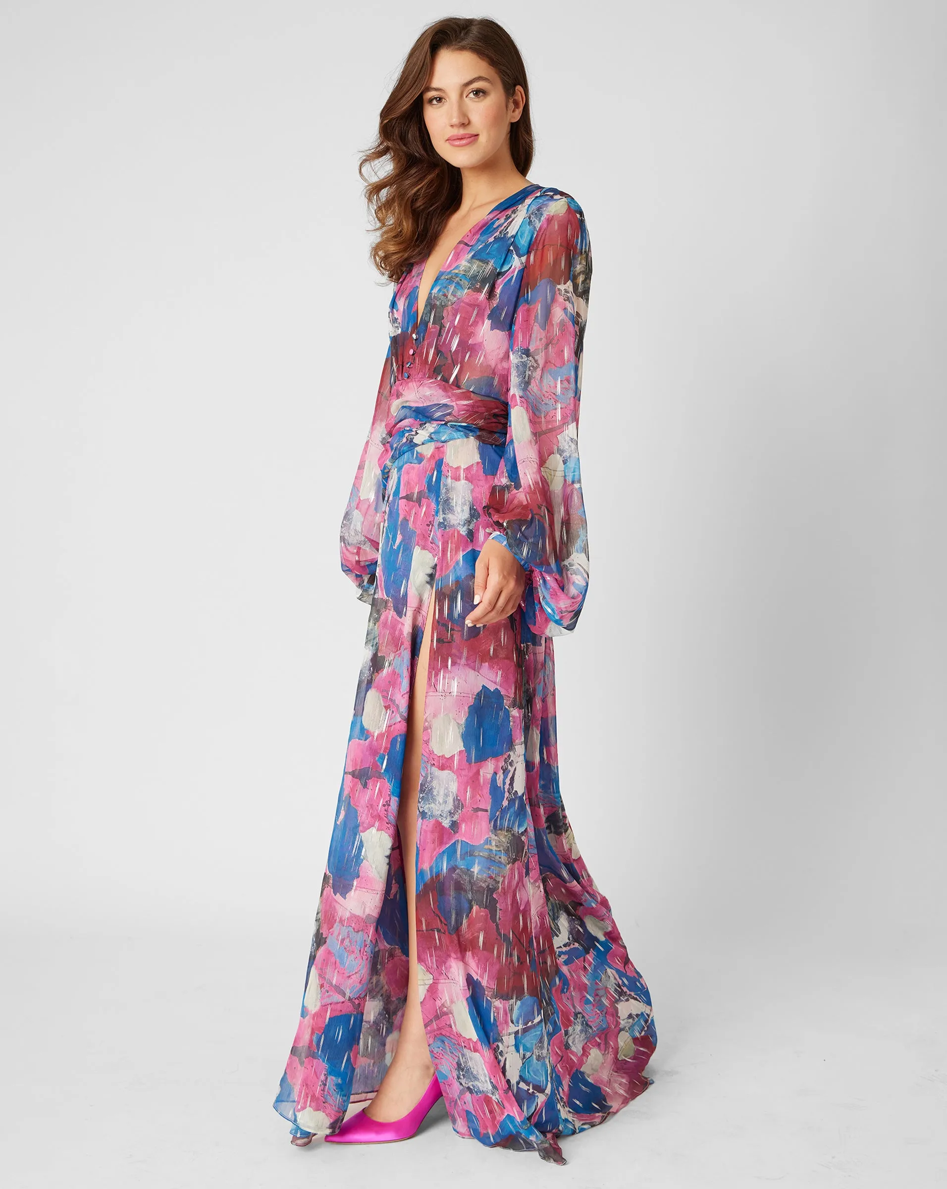 Printed Long Sleeve V-Neck Gown