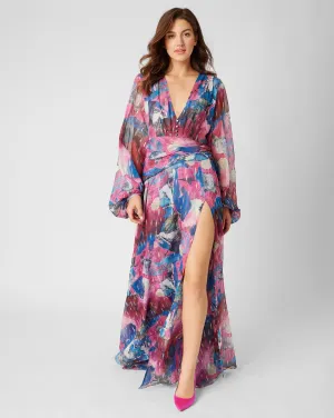 Printed Long Sleeve V-Neck Gown