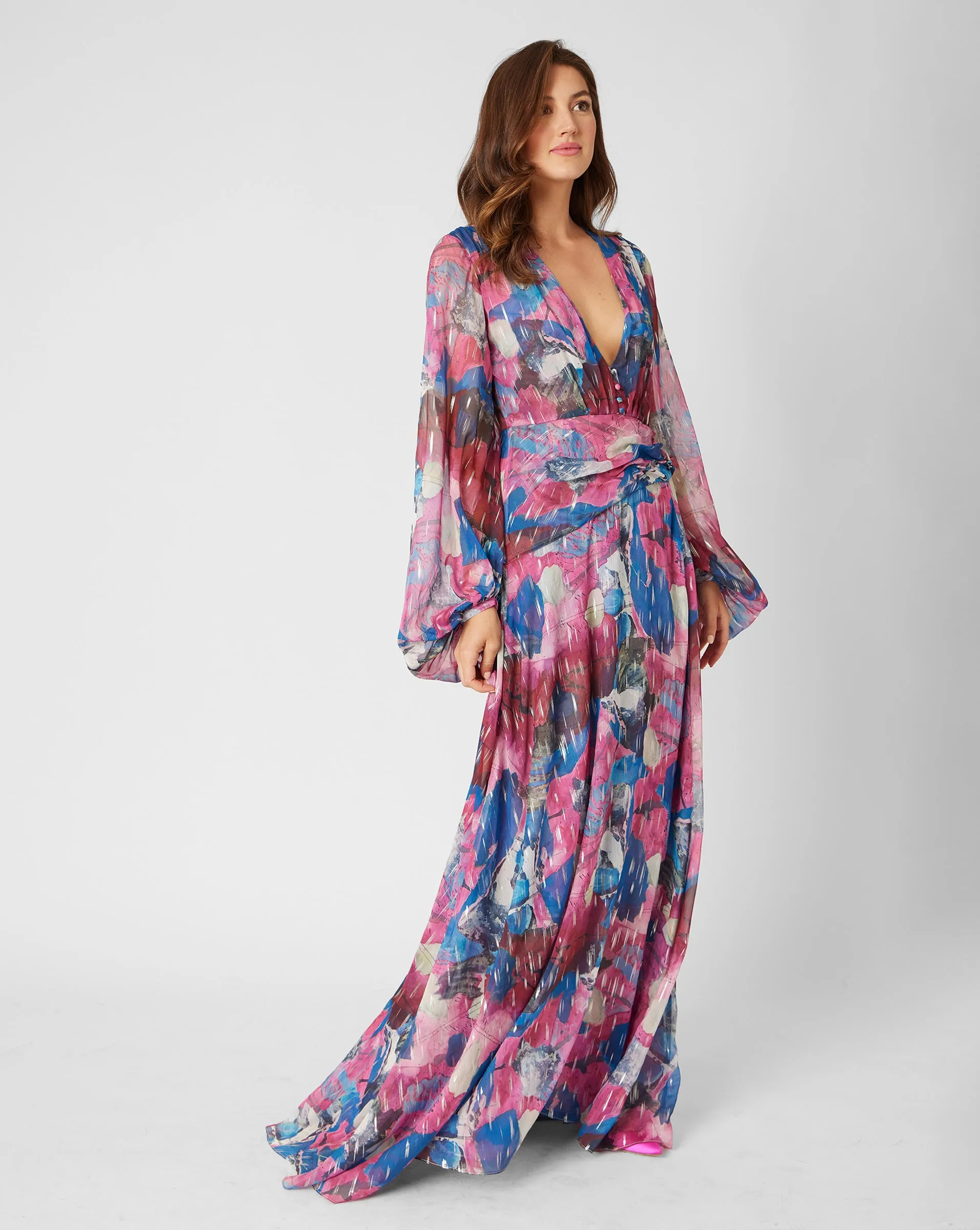 Printed Long Sleeve V-Neck Gown