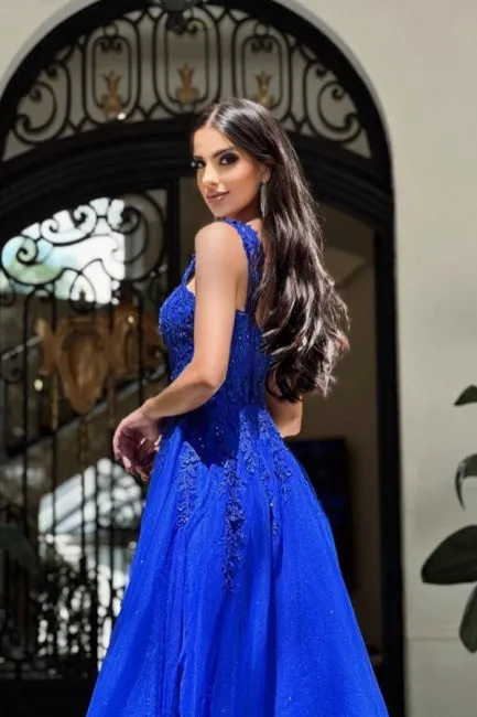 Royal Long Blue Sleeveless Prom Dresses A-line Lace Evening Dresses