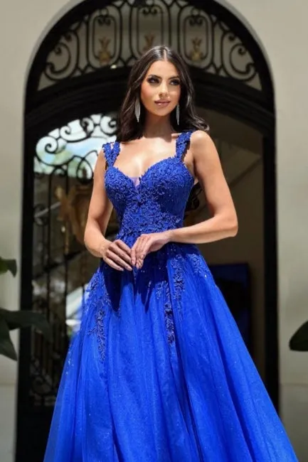 Royal Long Blue Sleeveless Prom Dresses A-line Lace Evening Dresses