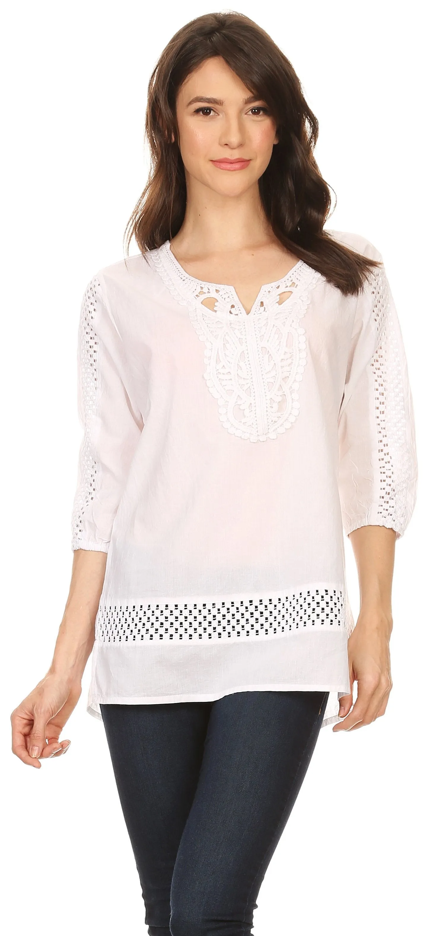 Sakkas Marion 3/4 Sleeve Blouse Tunic with Lace Applique and Crochet