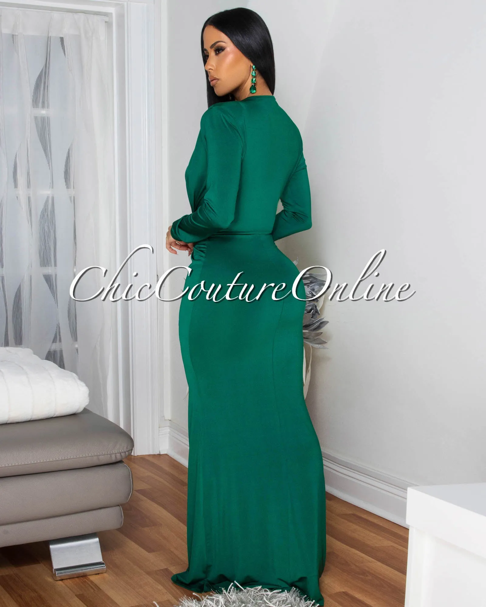 Shelley Hunter Green Long Sleeves Deep V-Neck Maxi Dress