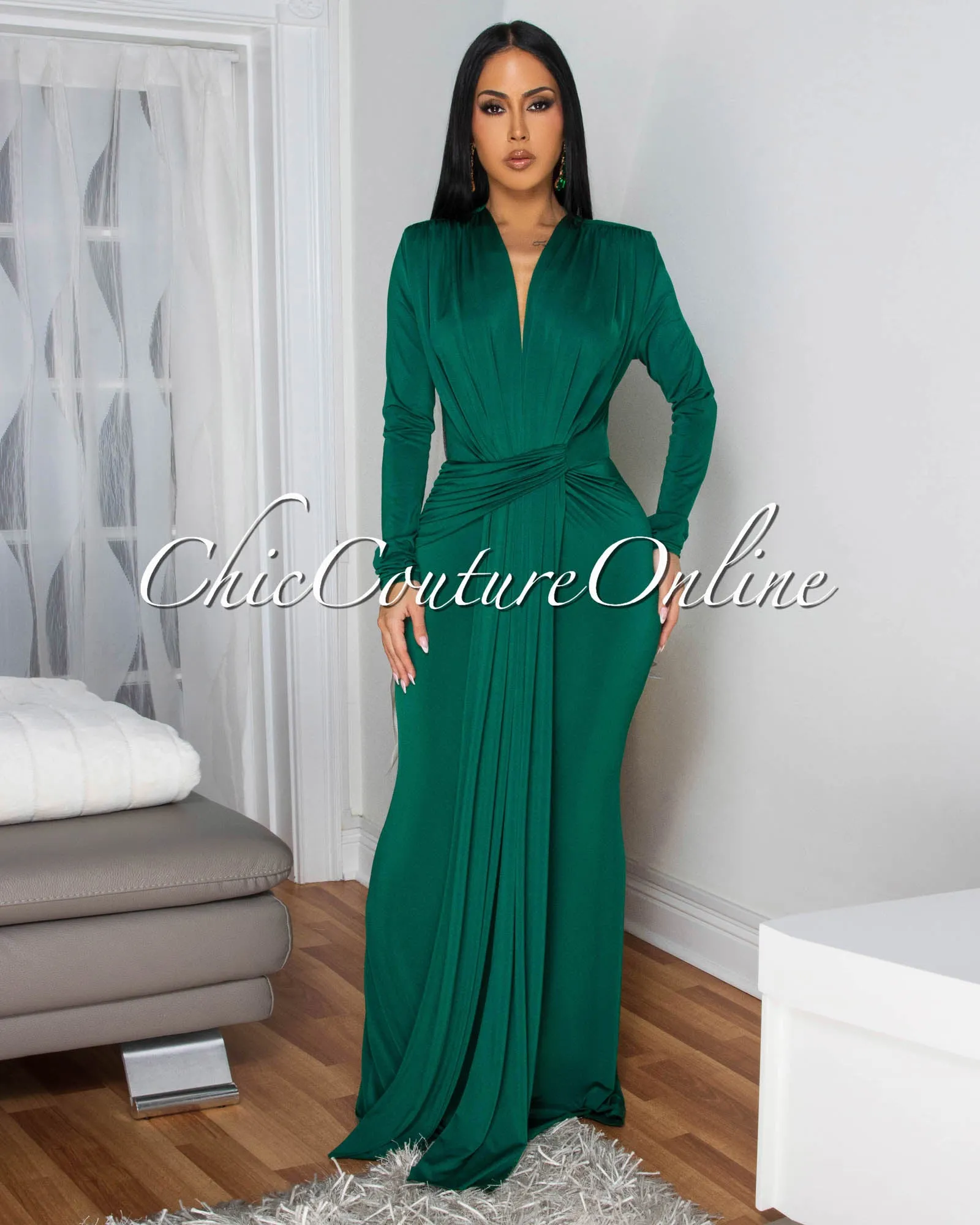 Shelley Hunter Green Long Sleeves Deep V-Neck Maxi Dress