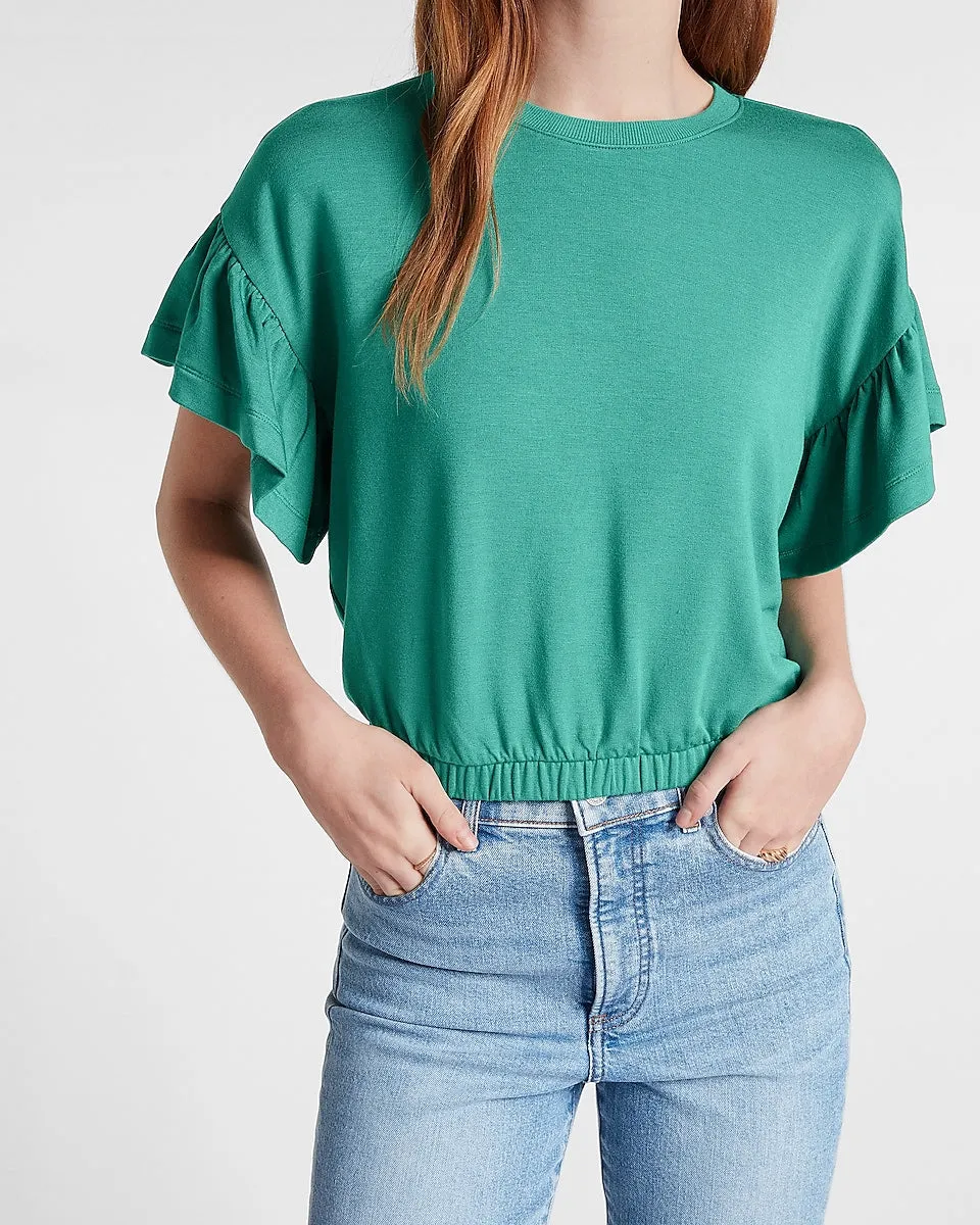 Short Ruffle Sleeve Banded Bottom Sweatshirt in Dusky Green