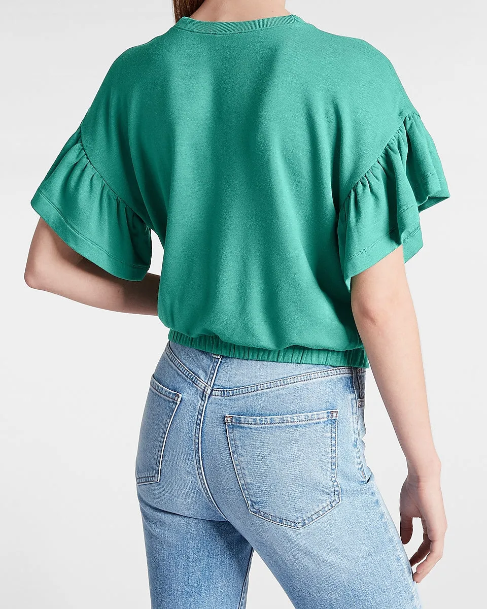 Short Ruffle Sleeve Banded Bottom Sweatshirt in Dusky Green