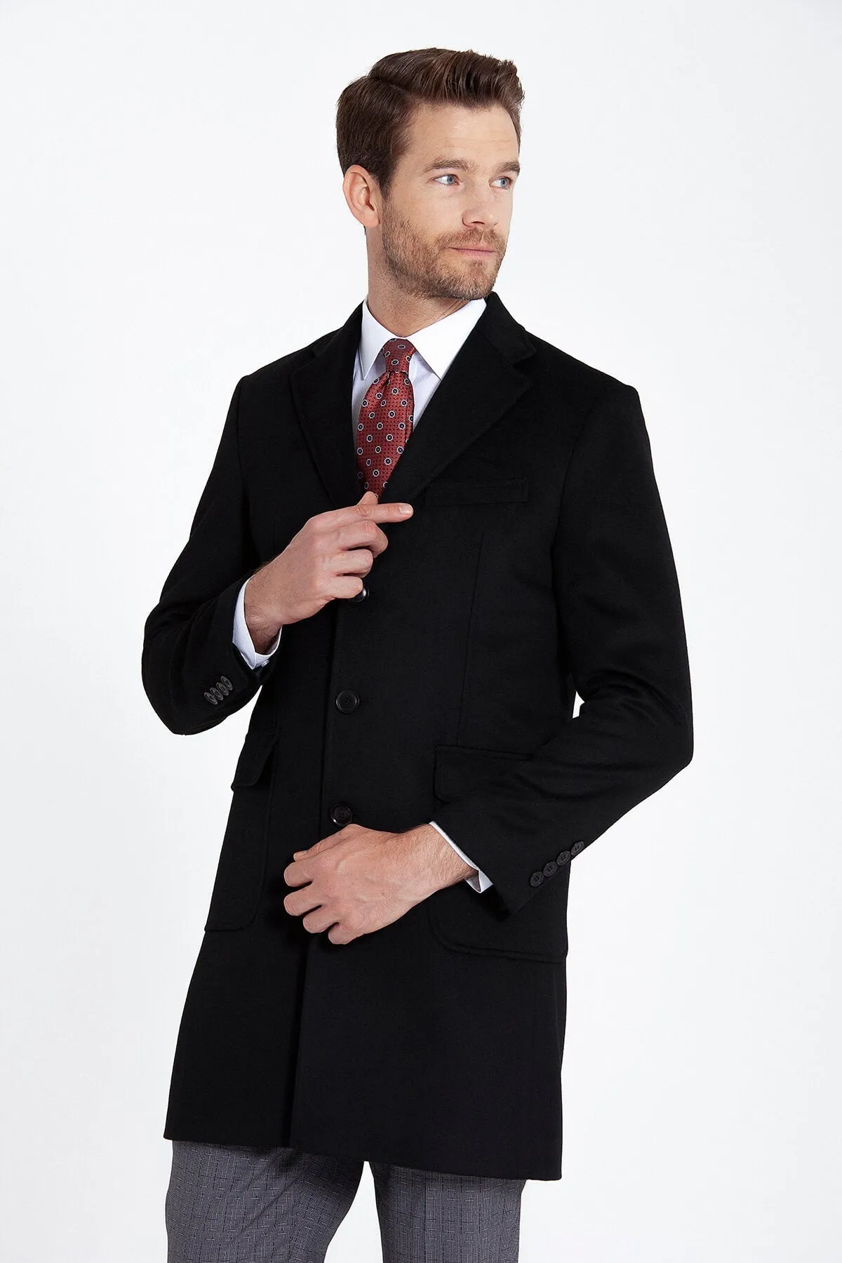 Slim Fit Cachet Notch Lapel Black Wool Blend Overcoat