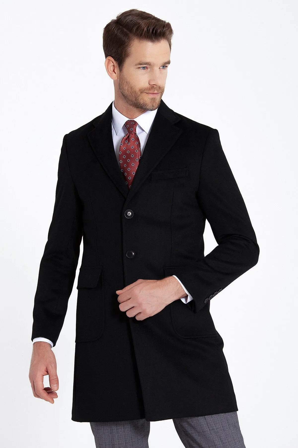 Slim Fit Cachet Notch Lapel Black Wool Blend Overcoat