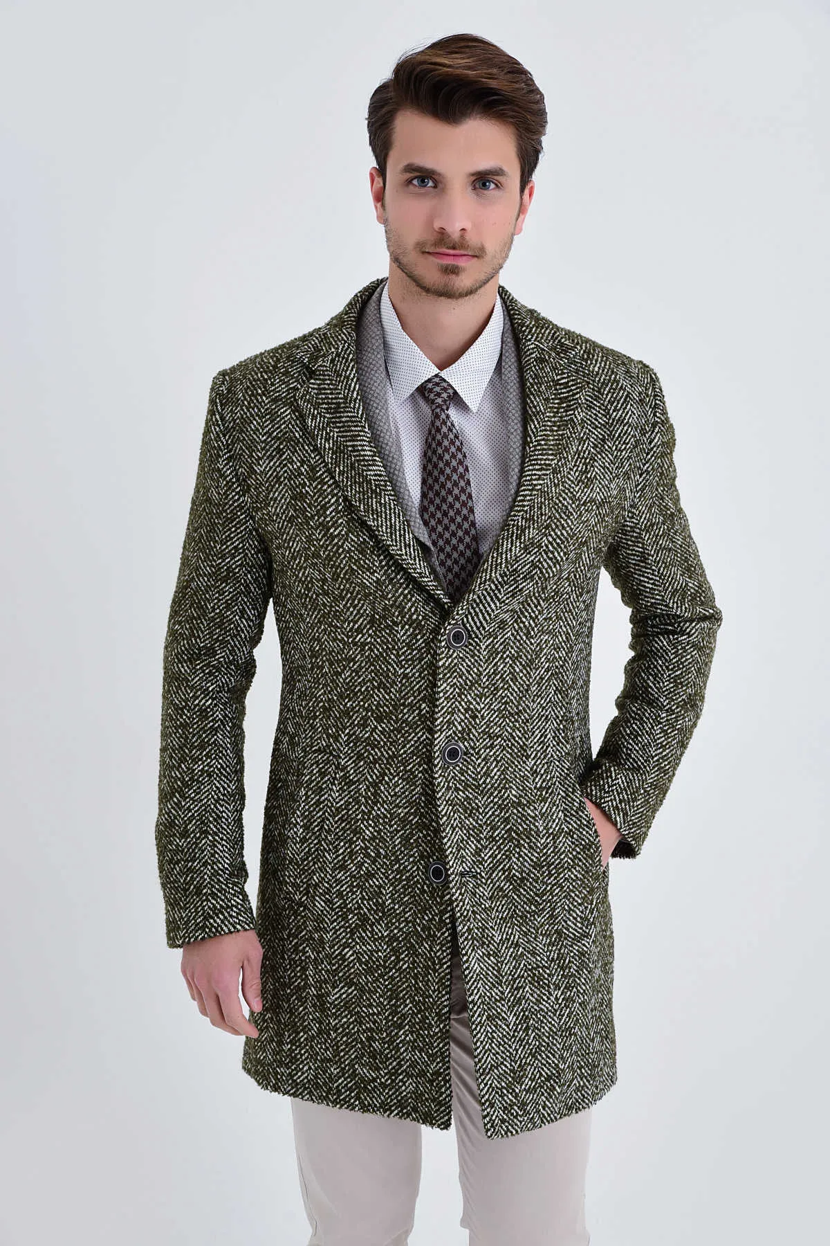 Slim Fit Cachet Notch Lapel Khaki Wool Blend Overcoat