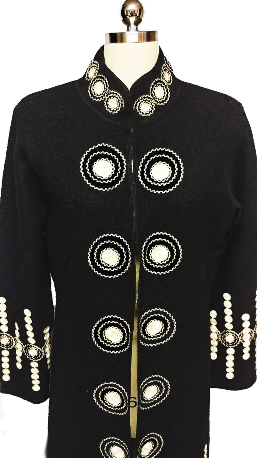 SOLD - GORGEOUS SOPHISTICATED NEIMAN MARCUS EXCLUSIVE WOOL COAT ADORNED WITH CREAM WOVEN ACCENTS