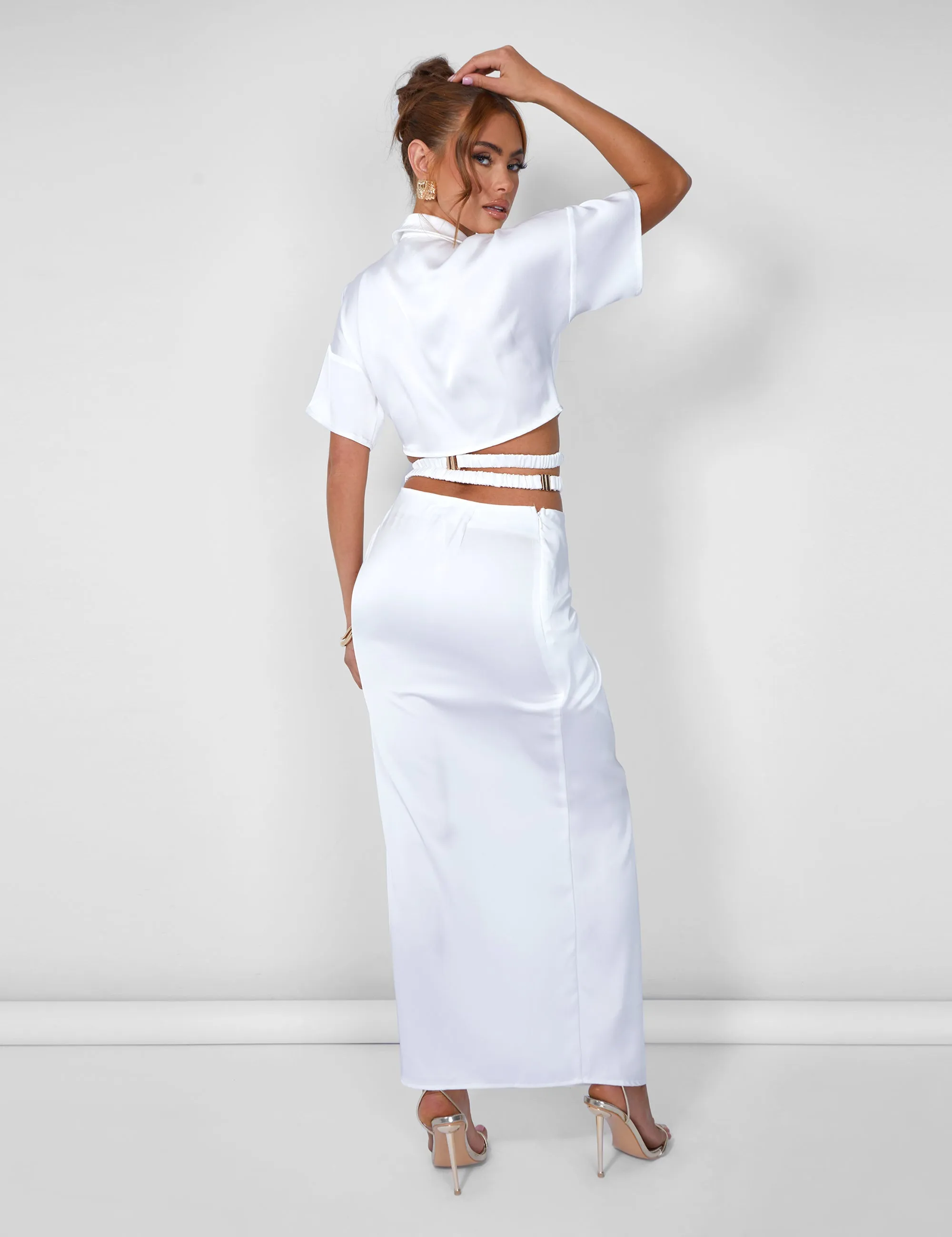 Strappy Wrap Midaxi Satin Skirt Cream