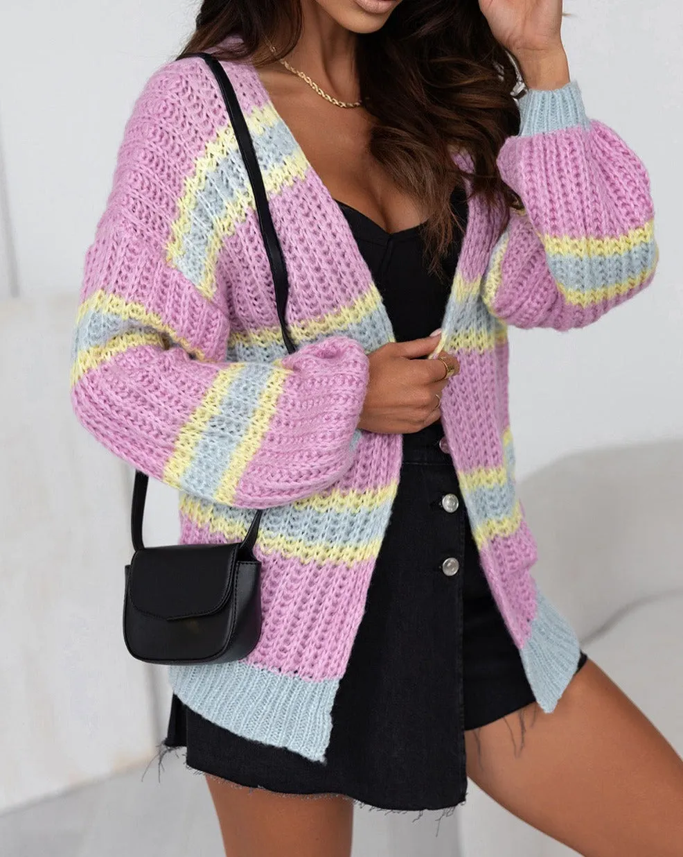 Stripe Open Front Sweater Cardigan