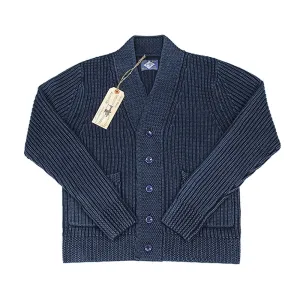 Vintage Workwear Robe Indigo Cotton Cardigan with V-neck - Thick Winter