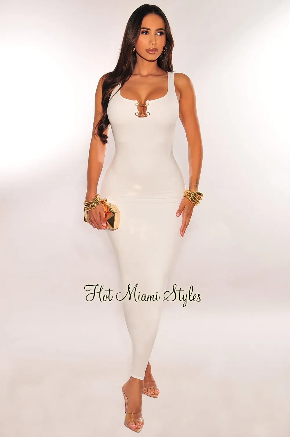 White Sleeveless Gold Ring Cut Out Scrunch Butt Dress