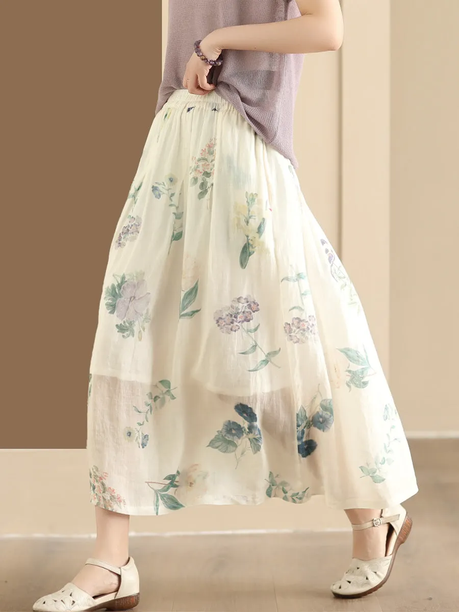 Women Artsy Summer Flower Ramie A-shape Skirt CO1025