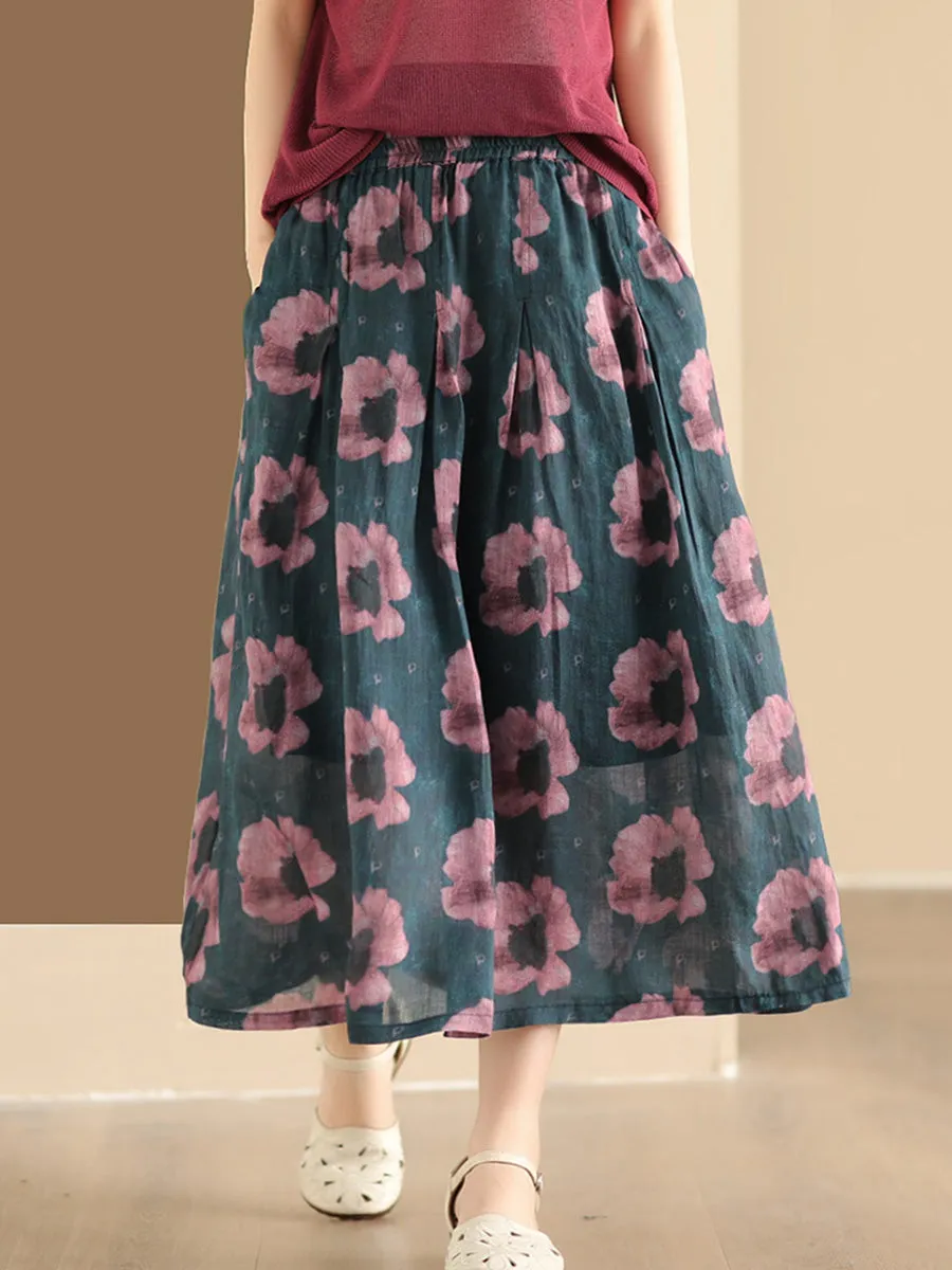 Women Artsy Summer Flower Ramie A-shape Skirt CO1025