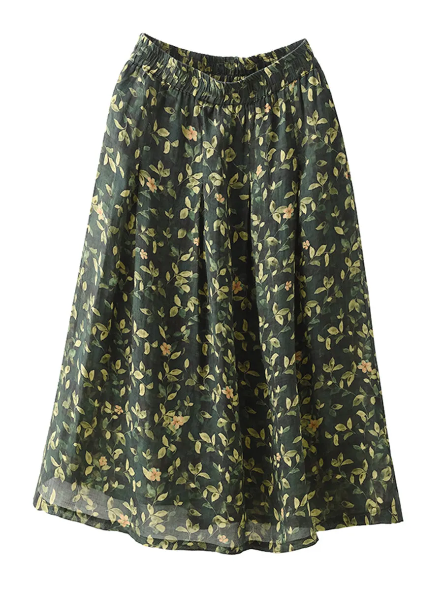 Women Artsy Summer Flower Ramie A-shape Skirt CO1025