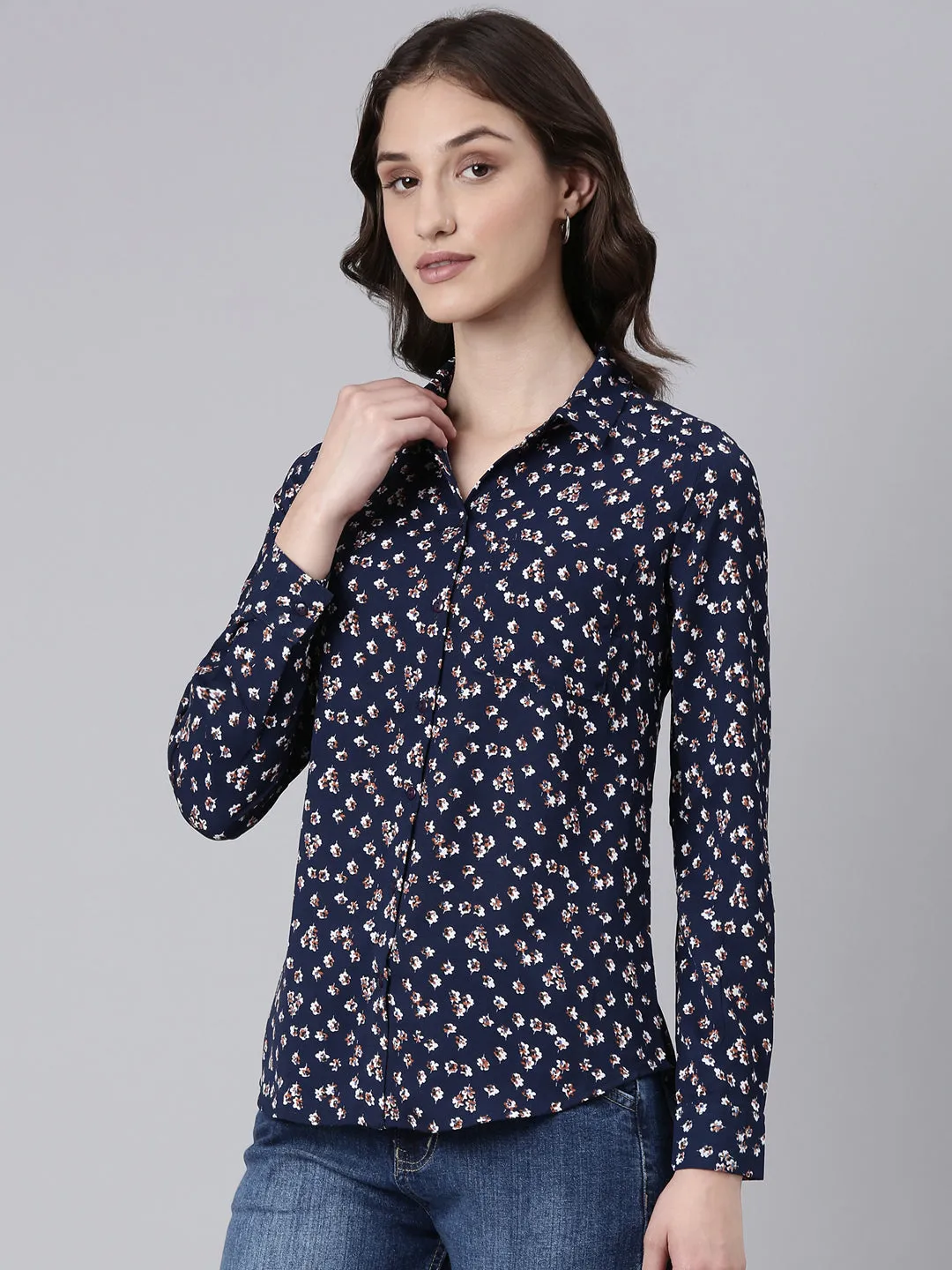 Women Navy Blue Floral Shirt