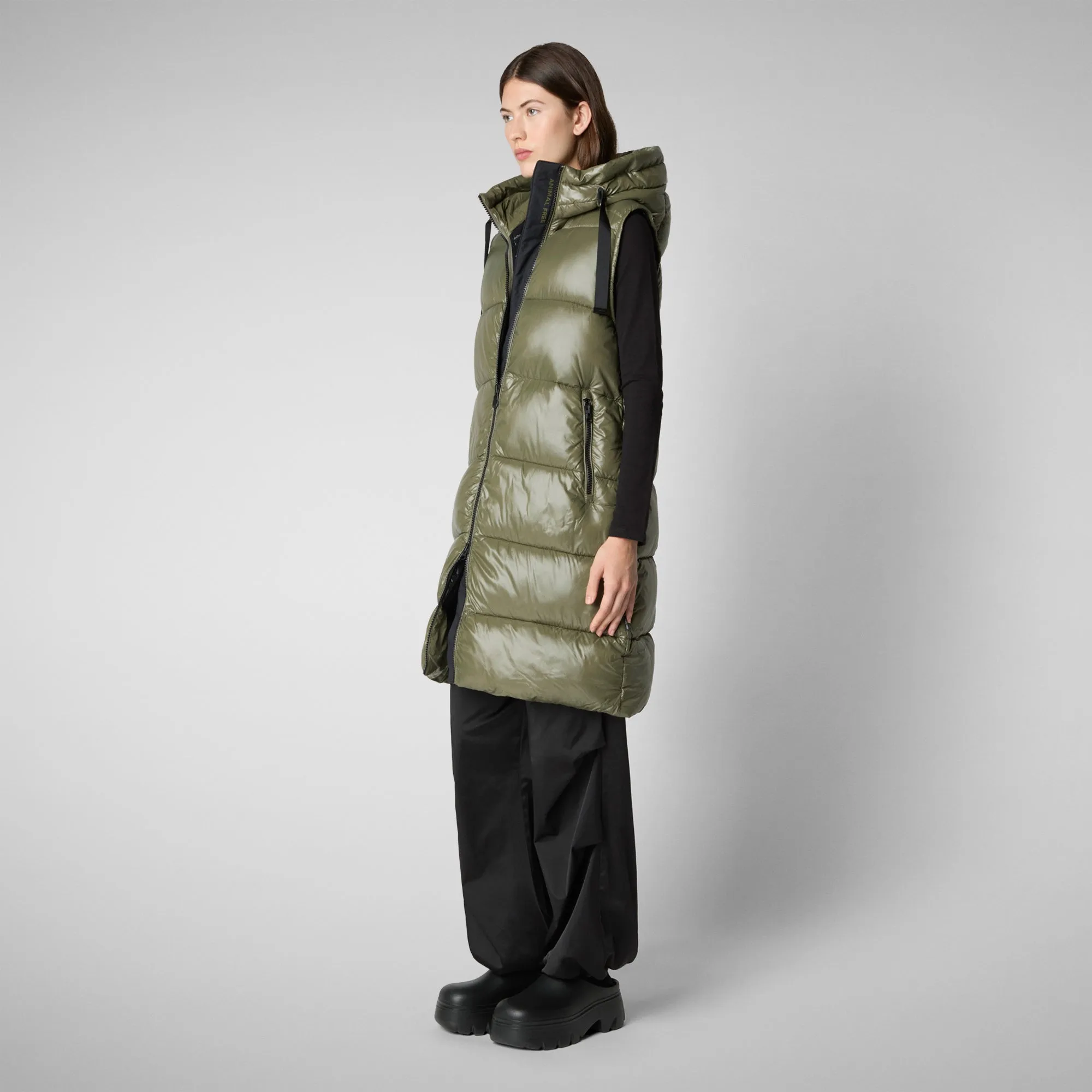 Women's Hooded Animal free Puffer Vest Iria in laurel green