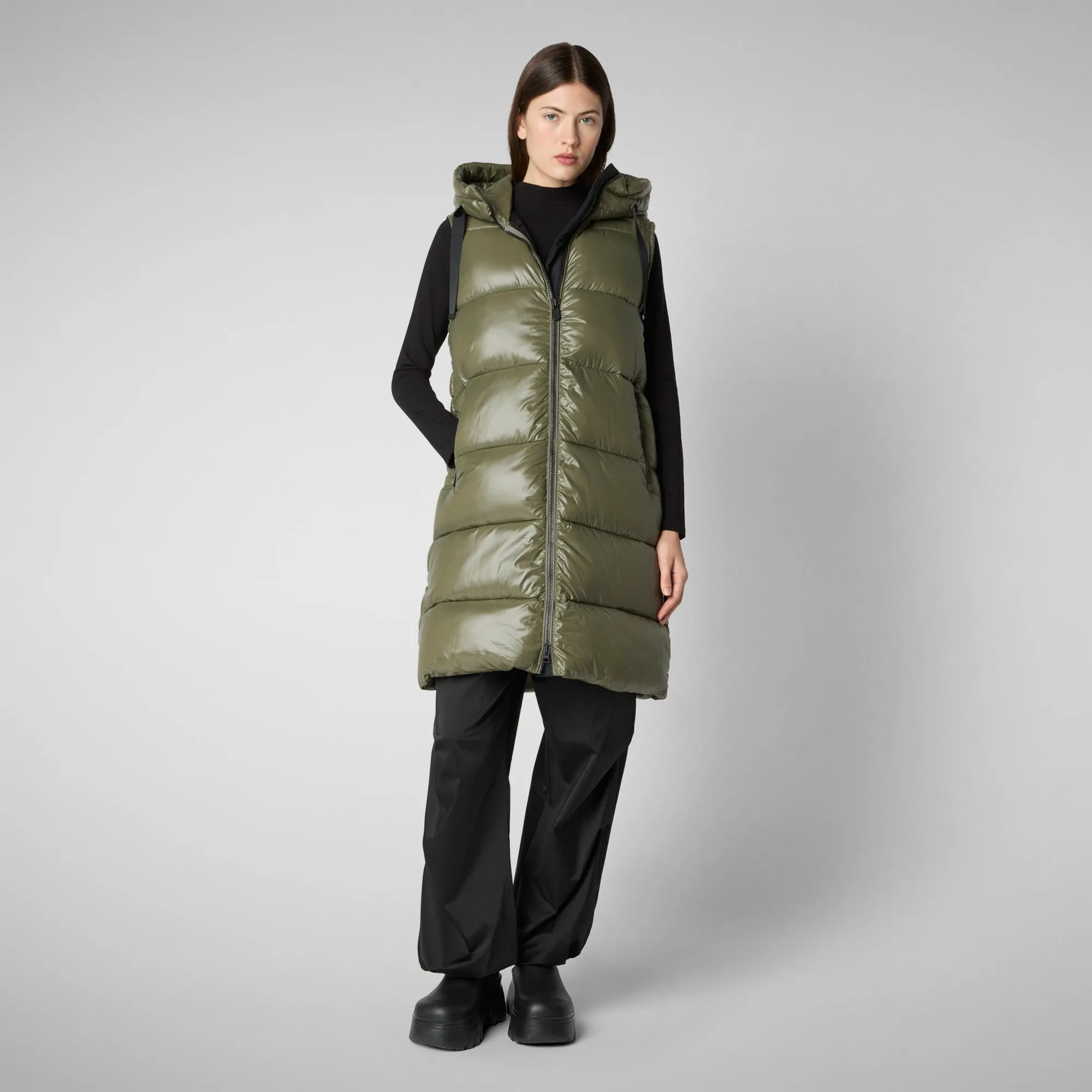 Women's Hooded Animal free Puffer Vest Iria in laurel green