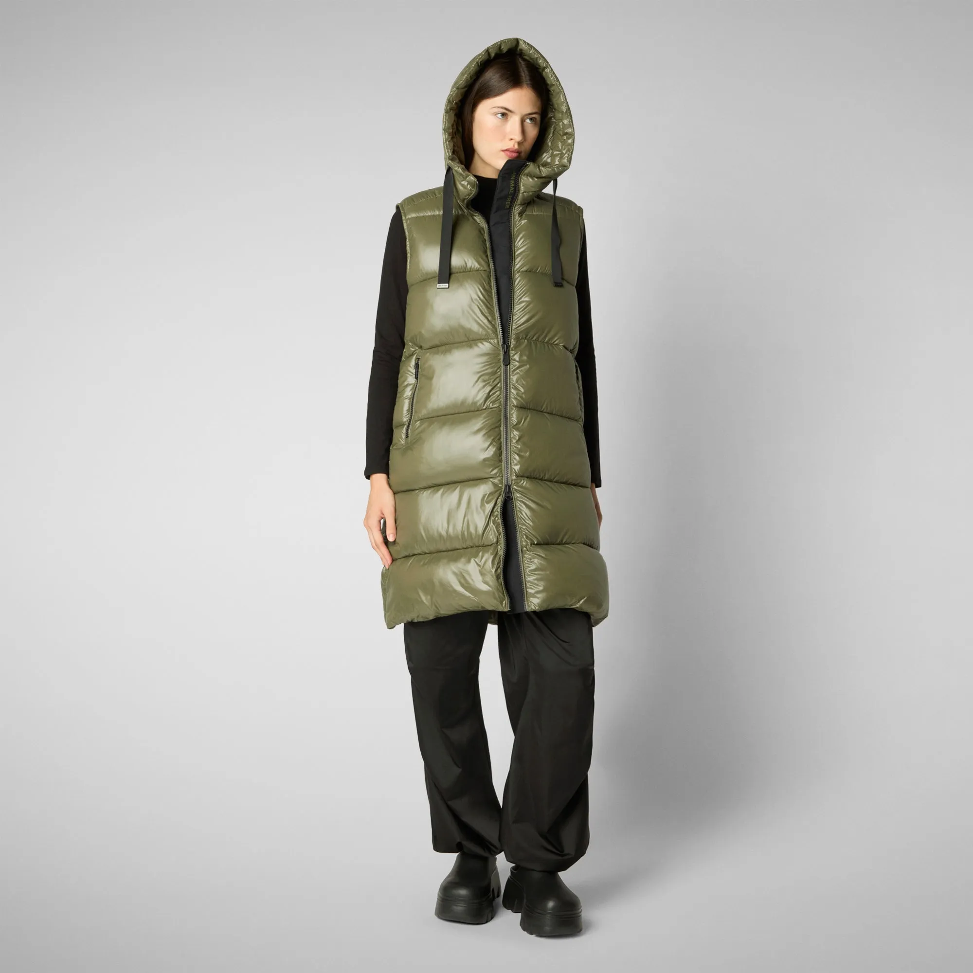 Women's Hooded Animal free Puffer Vest Iria in laurel green