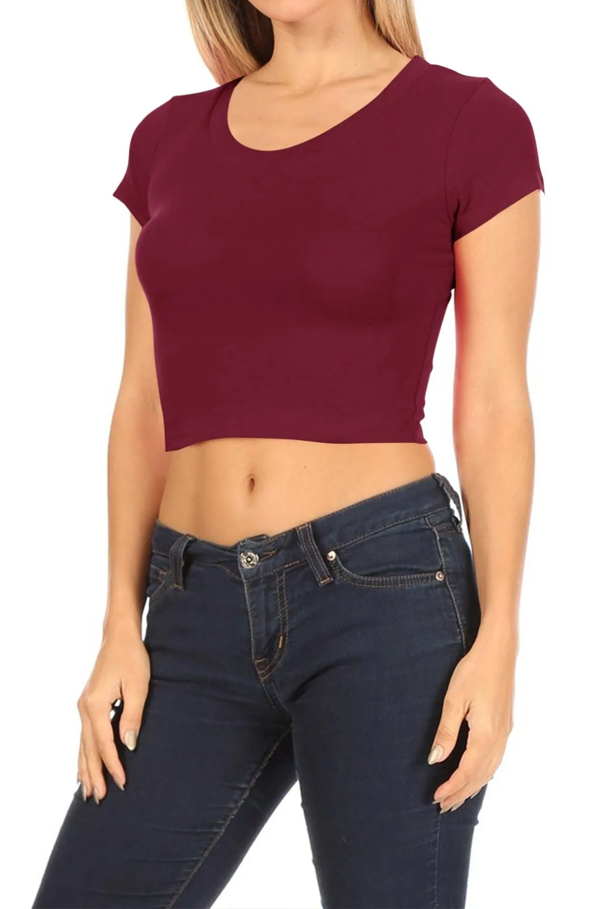 Women's Short Sleeve Stretch Lightweight Round Neck Cropped Top