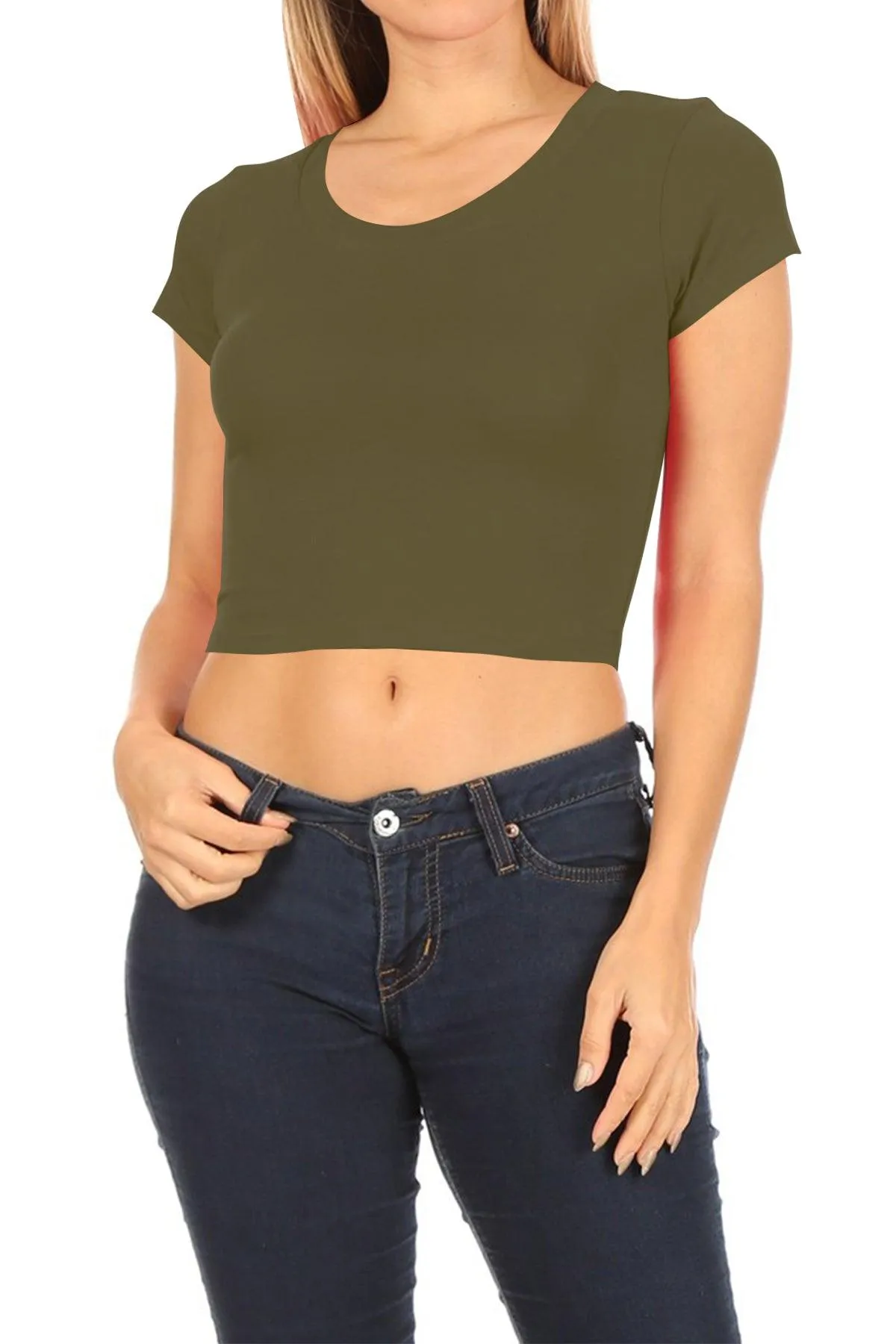 Women's Short Sleeve Stretch Lightweight Round Neck Cropped Top