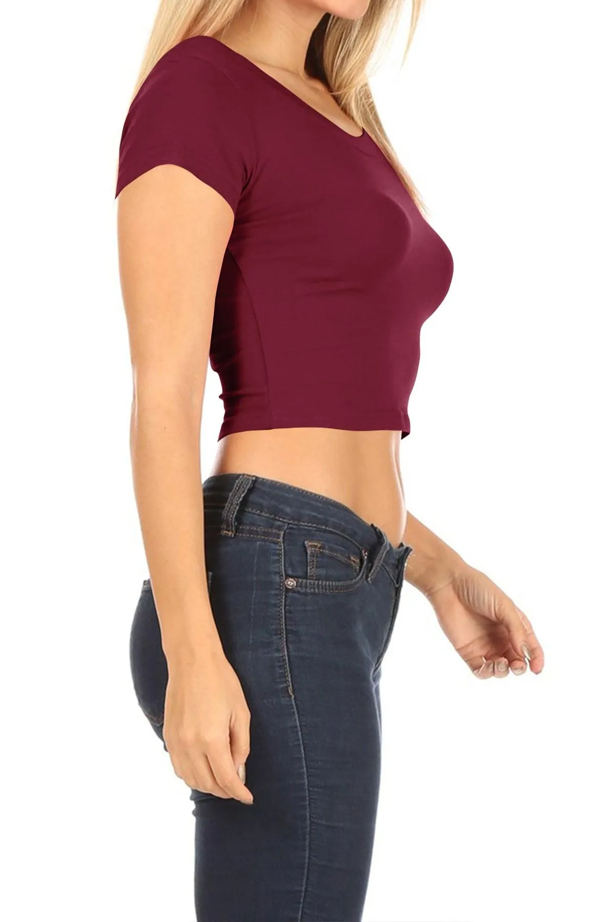 Women's Short Sleeve Stretch Lightweight Round Neck Cropped Top