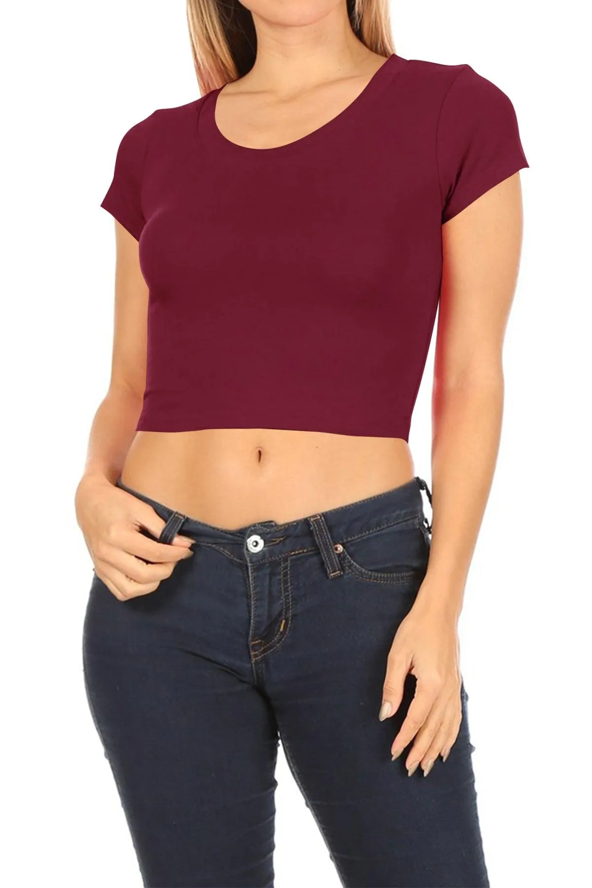 Women's Short Sleeve Stretch Lightweight Round Neck Cropped Top