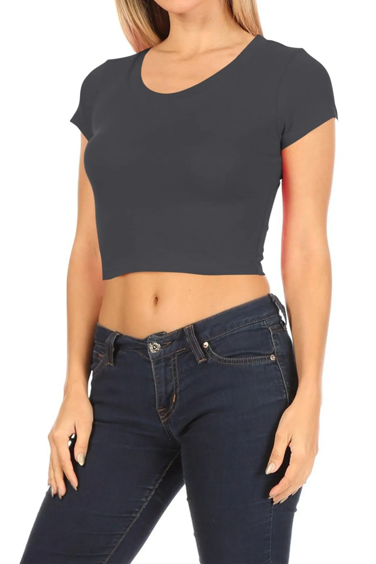 Women's Short Sleeve Stretch Lightweight Round Neck Cropped Top