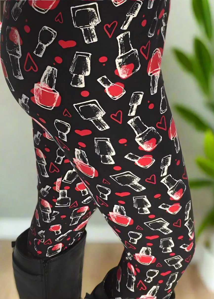 Womens Valentines Day Nail Polish Heart Leggings, Soft Yoga Pants, Sizes 0-18, Black/Red