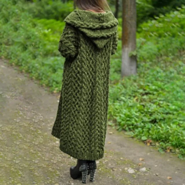 Womens's cable knit hooded long cardigan sweater open front chunky cardigan for winter