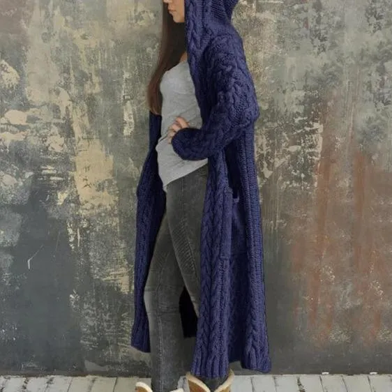 Womens's cable knit hooded long cardigan sweater open front chunky cardigan for winter