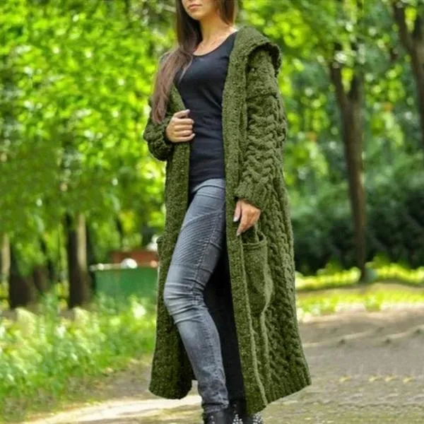 Womens's cable knit hooded long cardigan sweater open front chunky cardigan for winter